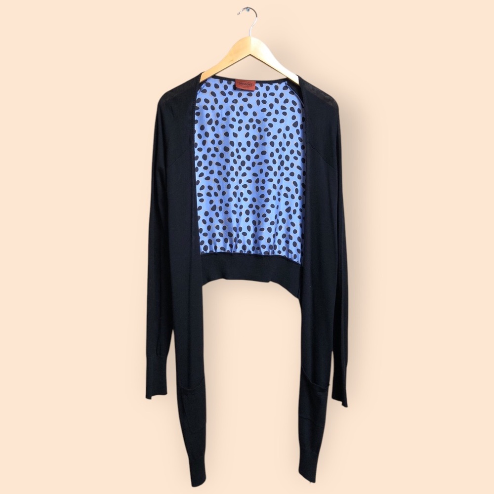 MISSONI Italy Designer Open Front Cardigan Sweater Black & Blue Silk Polka Dots